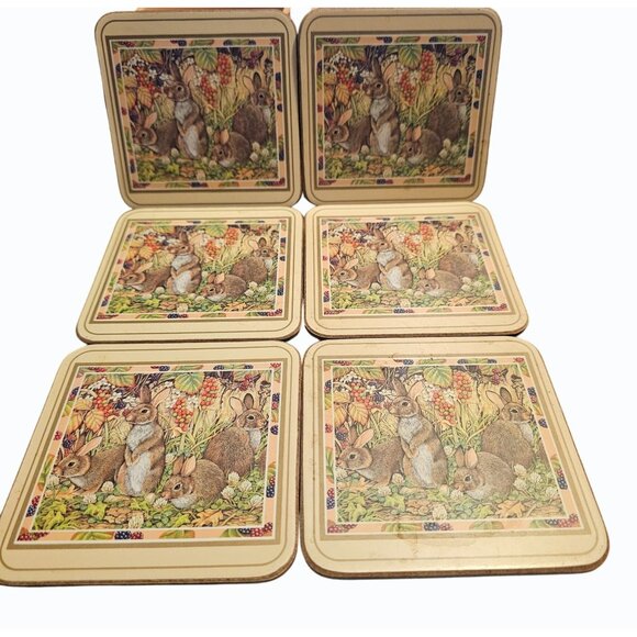 Set Of 6 Pimpernel Coasters "Country Rabbit" 4" x 4"  Bunnies in Berry Patch - Picture 1 of 6